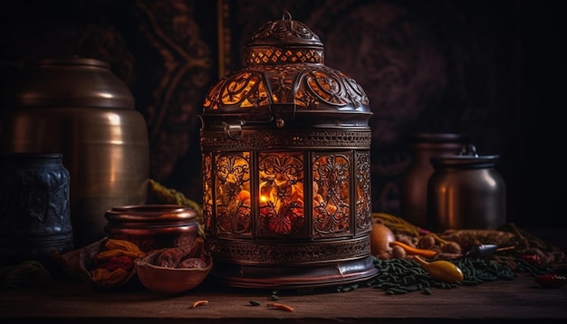Una linterna ornamentada ilumina una mesa rústica para la celebración del Ramadán generada por IA