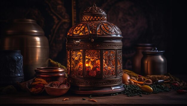 Una linterna ornamentada ilumina una mesa rústica para la celebración del Ramadán generada por IA