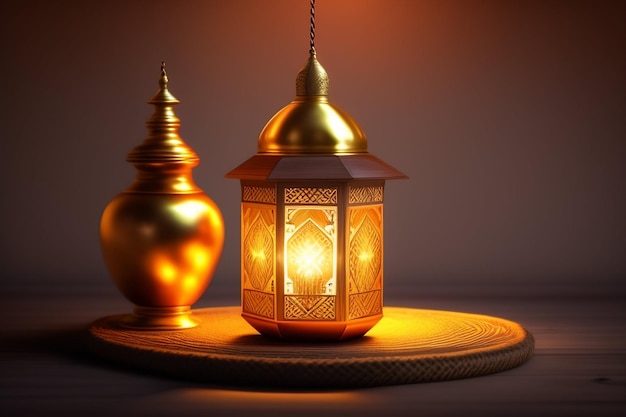 Foto gratuita una linterna de oro y un jarrón de oro se sientan en una mesa.