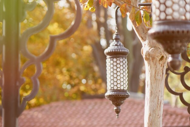 Linterna de ramadán islámico tradicional y árboles en el parque en la plaza Sultan Ahmet cerca de la Mezquita Azul en Estambul Turquía