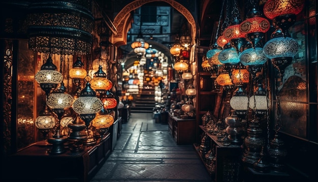 Linternas ornamentadas iluminan calles de ciudades antiguas al atardecer generadas por IA