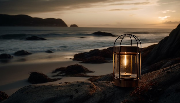 Linternas románticas brillan en una playa tranquila al atardecer generada por IA