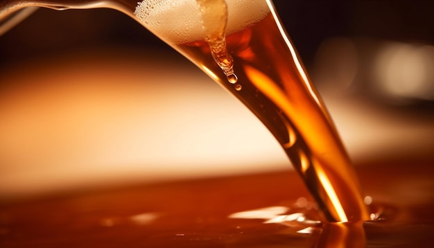 Líquido dorado que se vierte en un vaso de cerveza espumoso generado por IA