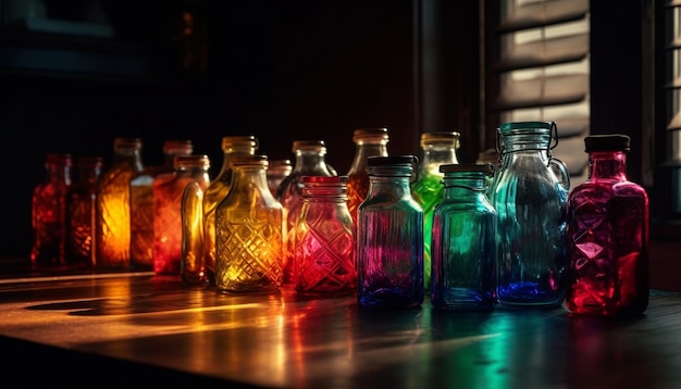 Líquido multicolor en botella de vidrio refleja ciencia generada por IA