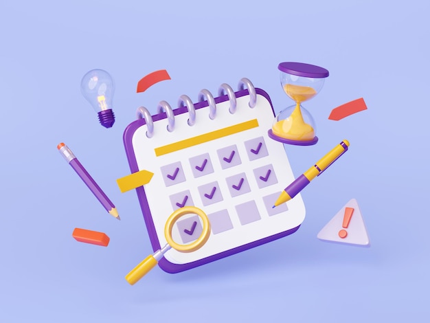 Lista de verificación de datos de calendario de procesamiento 3d con lápiz