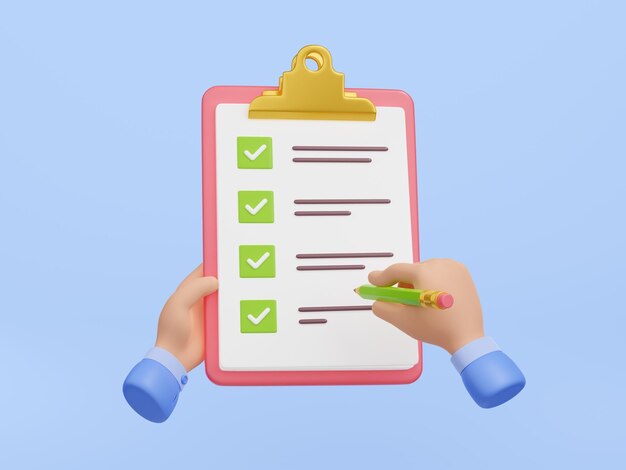 Lista de verificación de procesamiento 3d en lápiz y mano de portapapeles