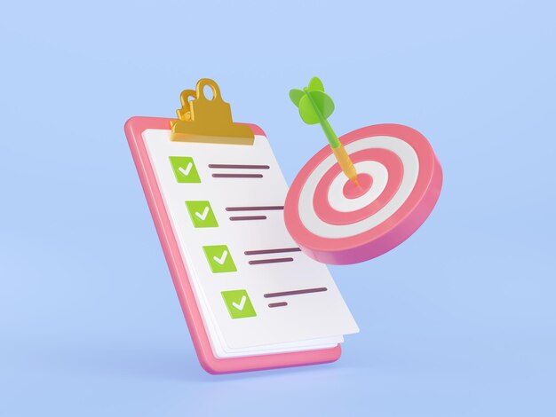Lista de verificación de renderizado 3d con diana y flecha de destino