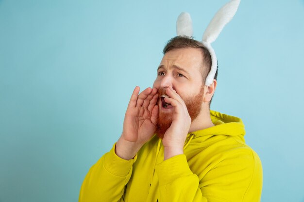 Llamando, gritando. Hombre caucásico como un conejito de Pascua con ropa casual brillante sobre fondo azul de estudio.