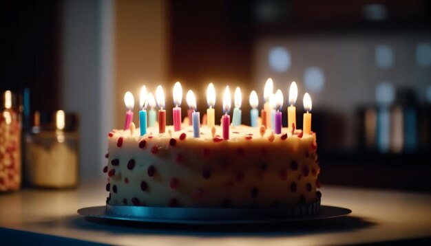 Foto gratuita llamas resplandecientes iluminan evento de celebración de pastel de cumpleaños generado por ia