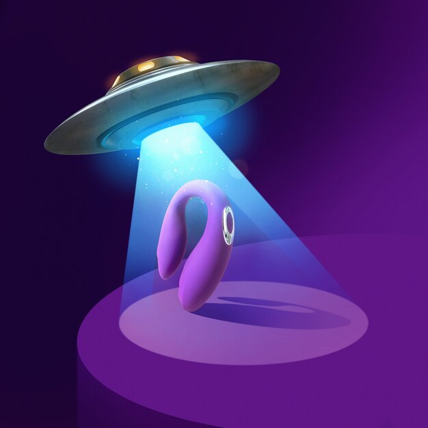 Llegada del concepto de extraterrestres con juguete morado.