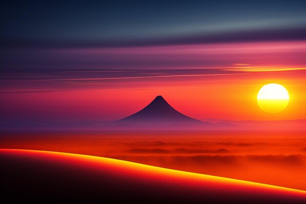 A lo lejos se ve una montaña con un cielo rojo y naranja.