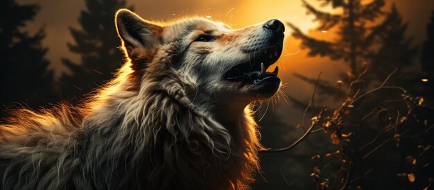 Lobo aullando con luna llena dorada a la luz de la luna en la noche