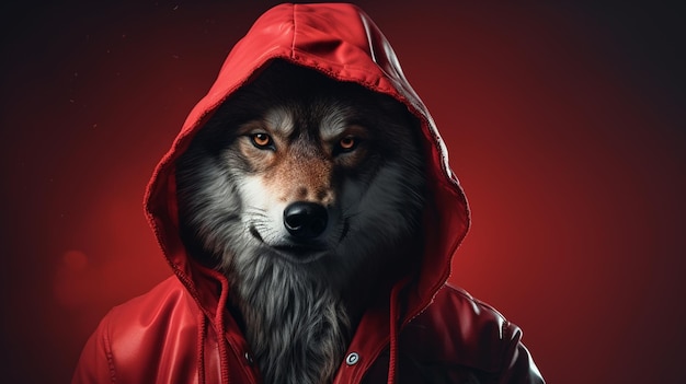 Foto gratuita un lobo en una chaqueta con una capucha roja
