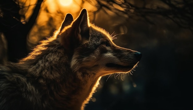 Lobo gris aullando en la noche del bosque de otoño generado por IA