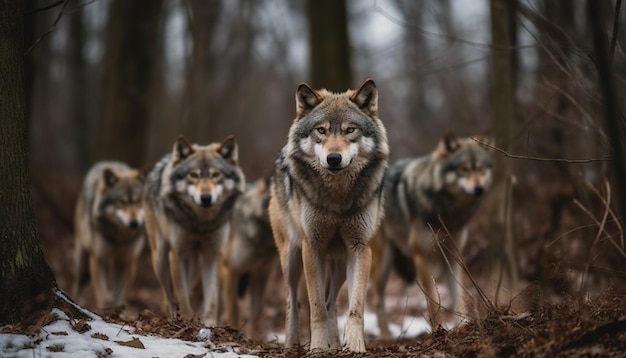 Lobo gris caminando en la nieve mirando a la cámara con enfoque generado por IA