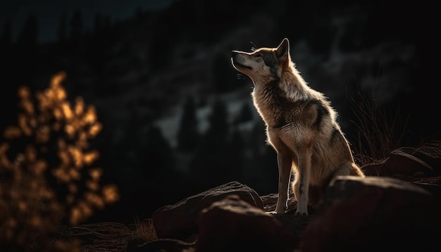 Lobo joven sentado en la noche del bosque de invierno generado por IA