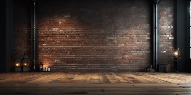 Foto gratuita un loft espacioso con pisos de madera profunda y una pared de ladrillo negro mate
