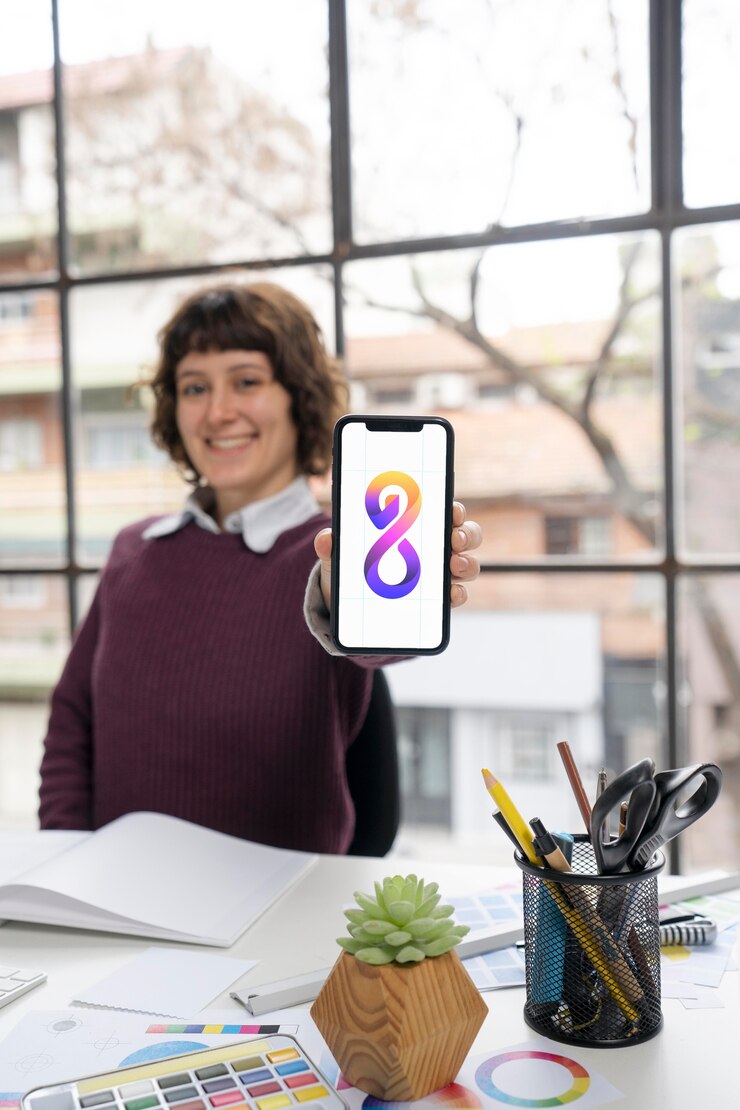 Photo Gratis logo designer holding a smartphone with a cool logo on it
