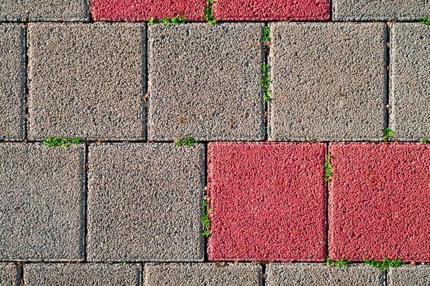 Losas de pavimento multicolores y una diminuta hierba verde que crecía entre ellas. Vista superior de baldosas rojo-gris. Utilizando materiales reciclados para crear pistas, mejorando la vida local.
