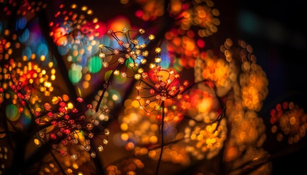 Luces navideñas multicolores que brillan intensamente iluminan la noche de invierno generada por IA