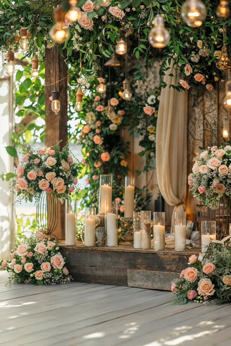 Lugar de boda fotorrealista con intrincada decoración y adornos