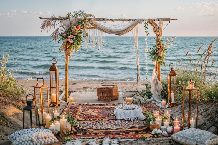 Lugar de boda fotorrealista con intrincada decoración y adornos