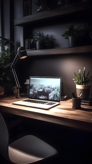 Foto gratuita lugar de trabajo cómodo con computadora portátil moderna en la mesa en la oficina luz nocturna