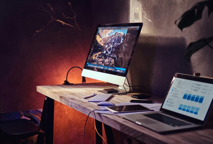 Foto gratuito lugar de trabajo moderno y cómodo en casa, hay una computadora y una computadora portátil en la mesa.