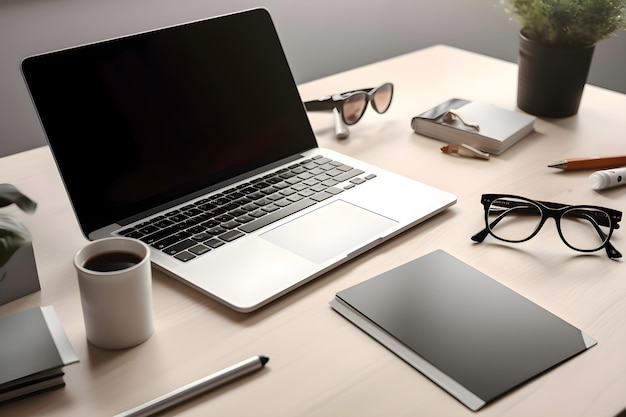 Foto gratuita lugar de trabajo moderno con gafas de computadora portátil y otros artículos en una mesa de madera