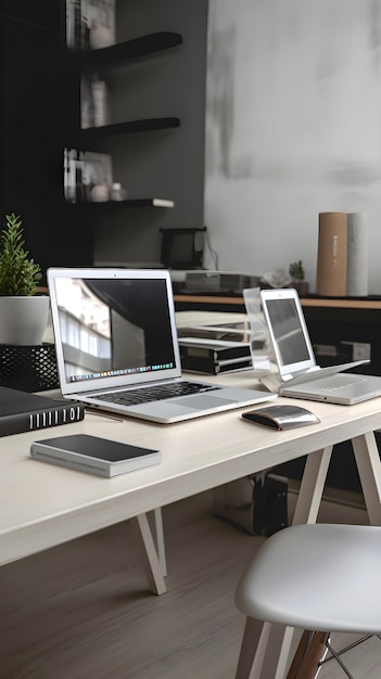 Foto gratuita lugar de trabajo moderno con portátil y tableta digital en una mesa de madera en una oficina moderna