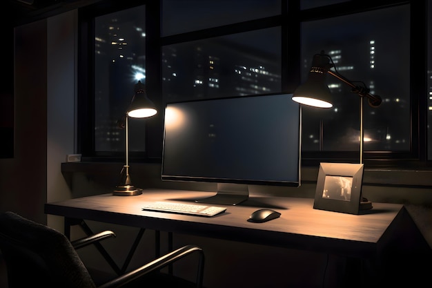 Foto gratuita lugar de trabajo de oficina con lámpara de computadora y mesa escena nocturna renderización en 3d