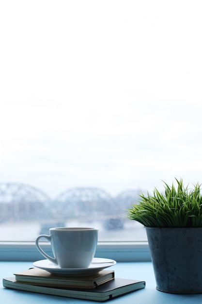 Lugar de trabajo con planta, cuadernos y taza de café.