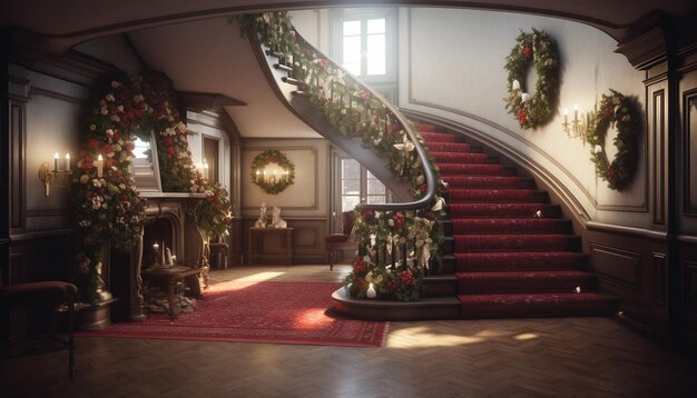 Una lujosa sala de estar con un árbol de Navidad decorado en el interior generado por inteligencia artificial