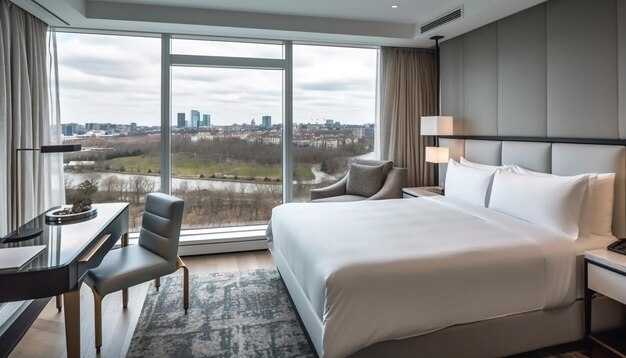 Lujoso diseño de dormitorio con vista a la ciudad a través de una ventana generada por IA