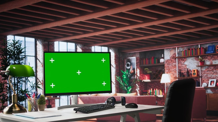Foto gratuito un lujoso espacio de trabajo en un apartamento con una pantalla de teclado cromado en un escritorio limpio y vacío.