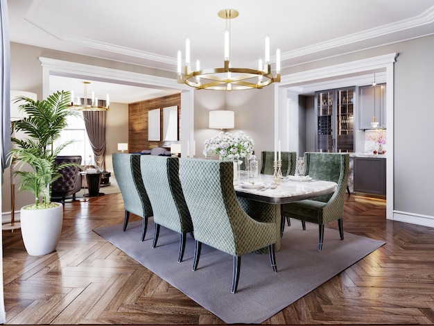 Lujoso interior de comedor de moda en estilo art deco, interior beige con muebles verdes. mesa rectangular con seis sillas. representación 3d.