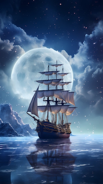 Luna y barco de arte digital.