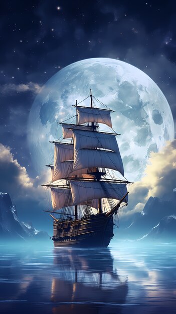 Luna y barco de arte digital.