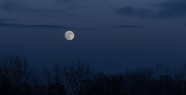 Luna llena en el cielo oscuro durante la salida de la luna