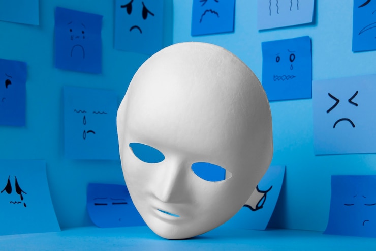 Foto gratuito lunes azul con notas de papel y mascarilla