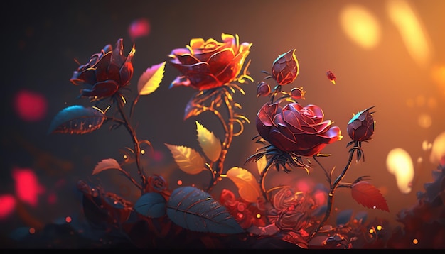 La luz espectral ilumina el ai generativo del arte abstracto de la flor de las rosas rojas de color rojo transparente