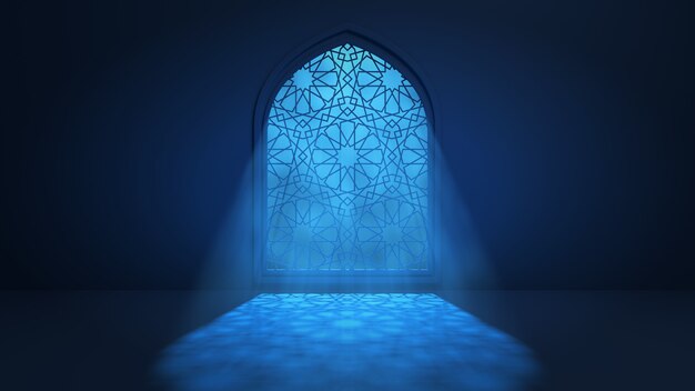 La luz de la luna brilla a través de la ventana hacia el interior de la mezquita islámica