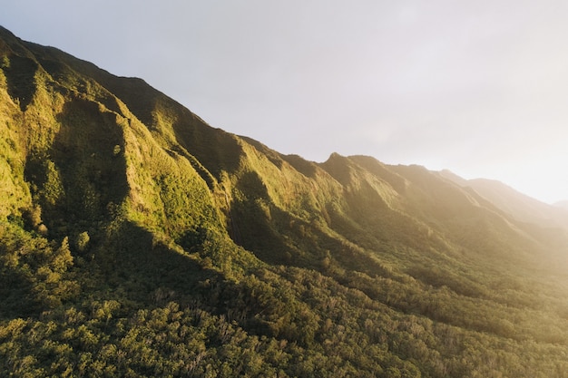 La luz del sol se eleva en las montañas verdes