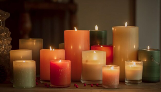 La luz de las velas que brillan intensamente ilumina la escena de la decoración invernal pacífica generada por la IA