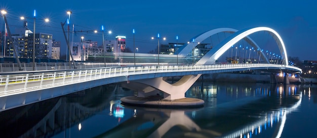 LYON, FRANCIA, 22 DE DICIEMBRE DE 2014: Vista panorámica del puente Raymond Barre por la noche, Lyon, Francia.