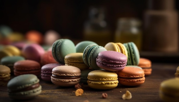 Foto gratuita macarons franceses, una delicia gourmet en varios colores generados por ia