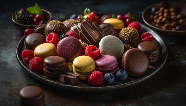 Macarrones recién horneados con frambuesa y chocolate generados por IA