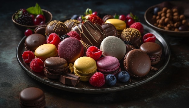 Macarrones recién horneados con frambuesa y chocolate generados por IA