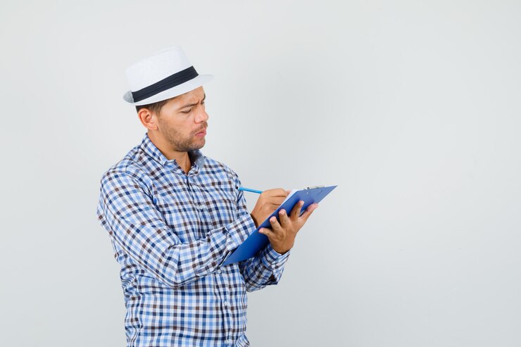 Foto gratuito macho joven tomando notas en el portapapeles en camisa marcada