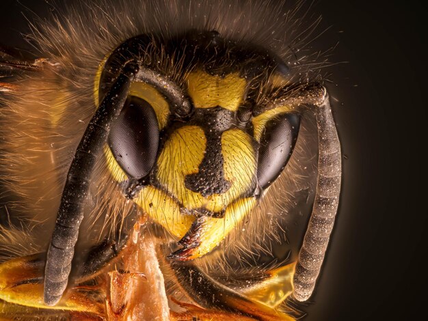 Macro de una cabeza de abeja sobre un fondo negro